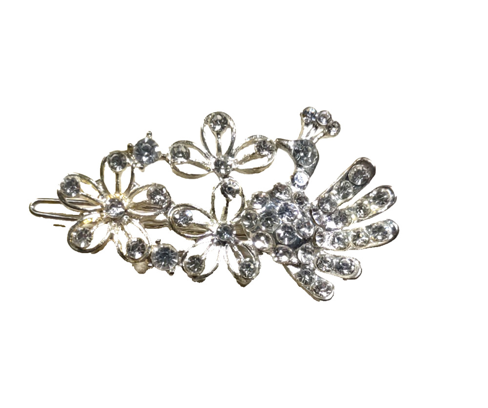 Delightful Peacock Hair Barrette Silver Tone Rhinestone Floral Bird Feminine
